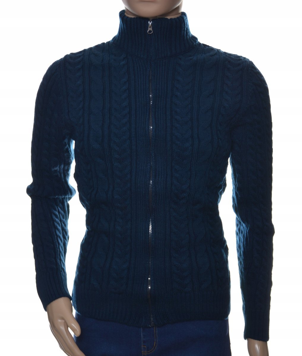 Ciepły wełniany sweter męski na zamek rozpinany szetland z wełny M granat