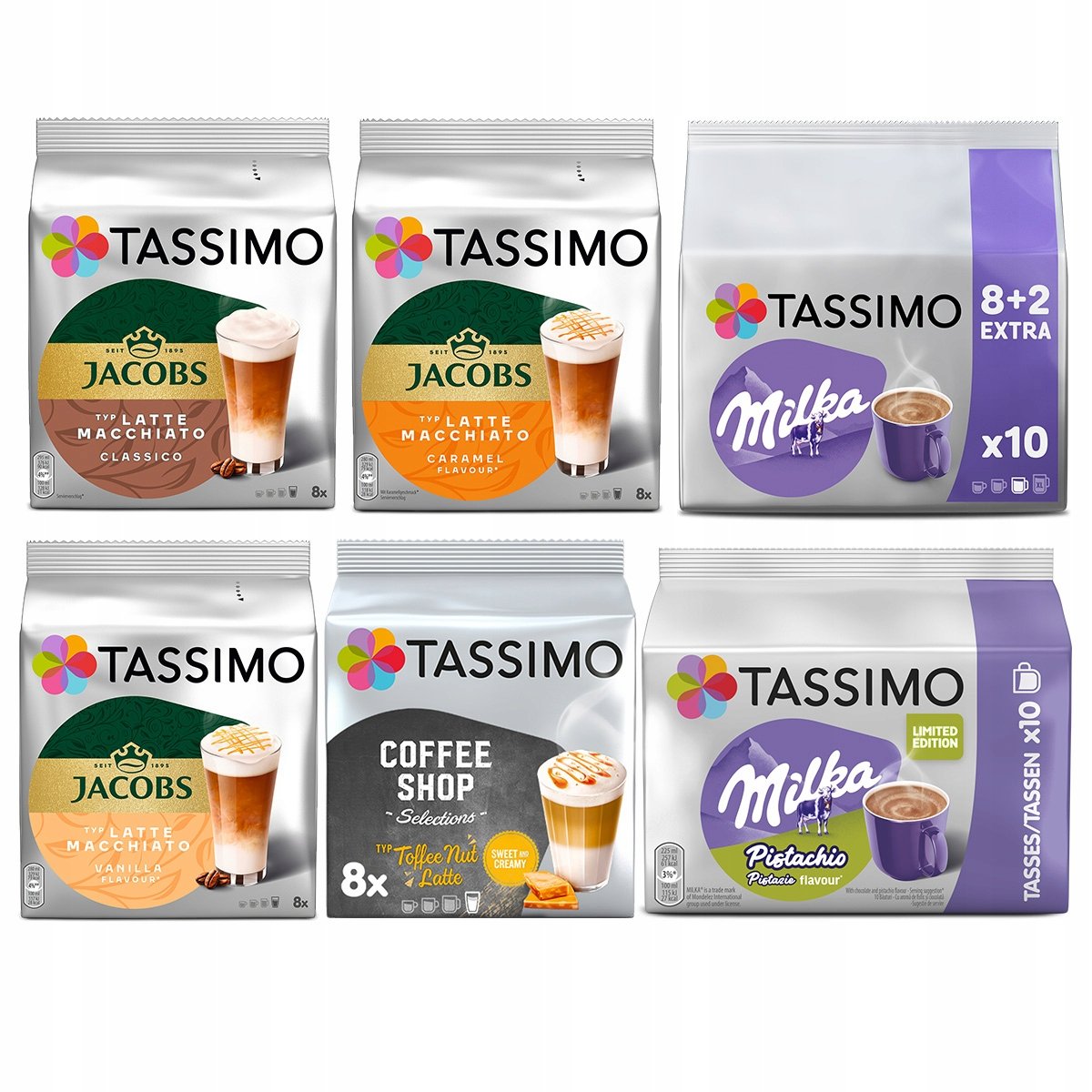 Kapsułki Tassimo mix kaw latte białych czekolada Milka do picia, 6 opakowań