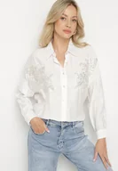 Koszule damskie - Biała Koszula Oversize z Wiskozą Zdobiona Kwiatami z Cyrkonii Jaslira - miniaturka - grafika 1