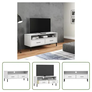 The Living Store Szafka RTV OSLO z metalowymi nogami biała lite drewno sosnowe - Szafki RTV - miniaturka - grafika 1