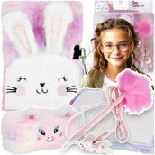 Szkolne artykuły papiernicze - Zestaw Pamiętnik Pluszowy Notes Królik Długopis Słuchawki Piórnik Prezent - miniaturka - grafika 1