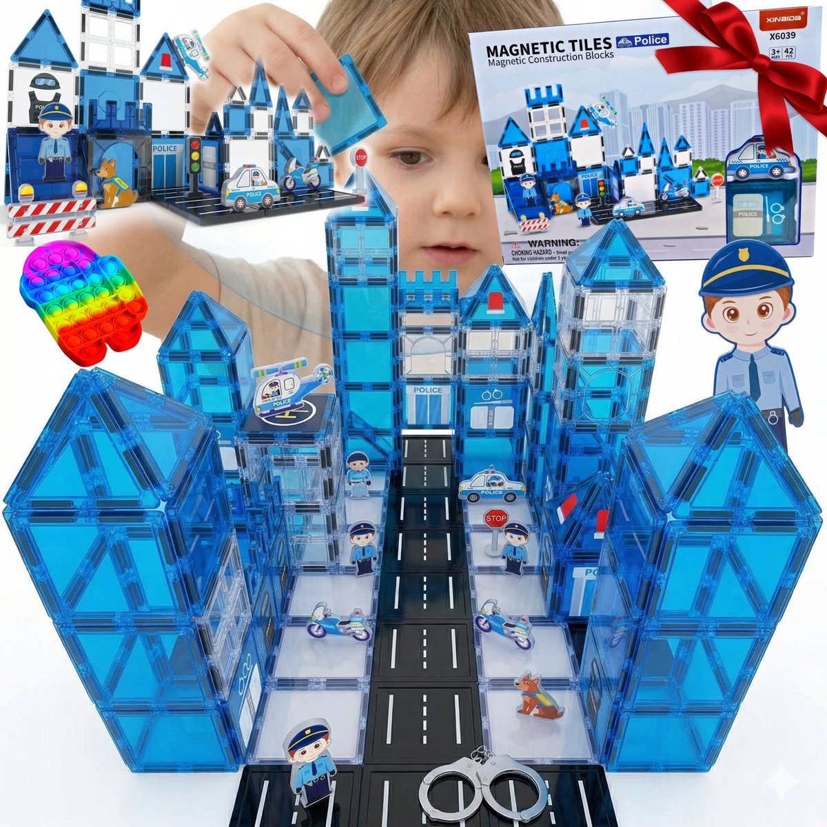 KLOCKI MAGNETYCZNE 3D DLA DZIECI POLICJA POJAZDY EDUKACYJNE ZESTAW + BONUS