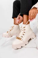 Botki damskie - Beżowe botki workery damskie ze złotym łańcuchem sznurowane Casu G22WX2-BE-41 - miniaturka - grafika 1