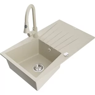 Mexen Cesar zlewozmywak granitowy 1-komorowy z ociekaczem i baterią kuchenną Elia, beżowy - Zlewozmywaki z baterią - miniaturka - grafika 1