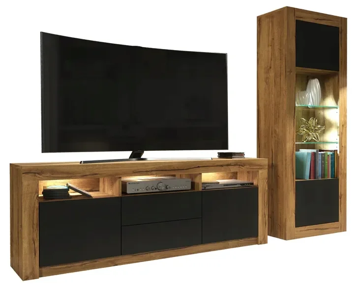 Zestaw Szafka Rtv Stolik Tv 160 Cm Witryna 170 Cm Retro Loft Dąb/czarny Mat