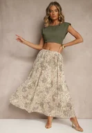 Spódnice - Beżowa Rozkloszowana Spódnica w Kwiatowy Wzór z Plisami i Metalicznym Nadrukiem Follanea - miniaturka - grafika 1