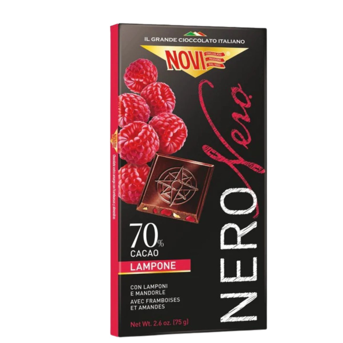 NOVI Czekolada Gorzka 70% Kakao z Maliną i Migdałami 75g