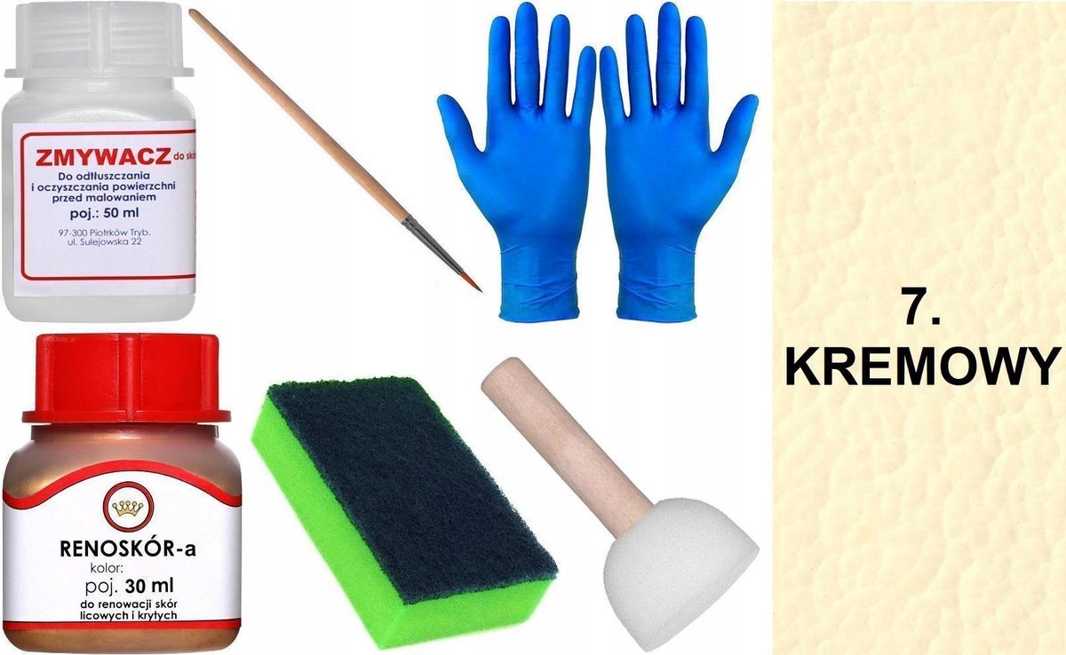 KREMOWY 7 Renoskór ZESTAW DO RENOWACJI SKÓRY LICOWEJ Farba + Zmywacz Pędzel