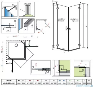 Radaway Essenza Black Kdd kabina 100x90cm szkło przejrzyste 1385062-54-01L/1385060-54-01R - Kabiny prysznicowe - miniaturka - grafika 2