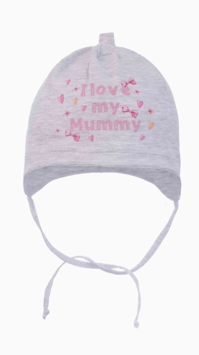 Dziewczęca czapka bawełniana I love my Mummy jasnoszara Ambra r.40/42