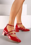 Czółenka - Czerwone Czółenka Lakierowane na Słupku Ozdobione Paskami i Sprzączkami Arsolna - Renee - miniaturka - grafika 1