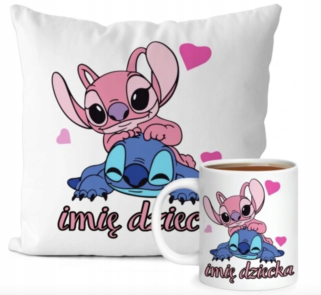 ZESTAW PODUSZKA + KUBEK Prezent STICH STITCH STICZ LILO BAJKA + IMIĘ 50