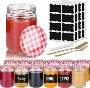 UISEBRT Zestaw 12 słoików na dżem z pokrywkami w czerwono-białą szachownicę - szkło borokrzemowe 350 ml, hermetyczne zamknięcie, z etykietami i długopisem, do przypraw, herbat i nie tylko - Długopisy UISEBRT Zestaw 12 słoików na dżem z pokrywkami w czerwono-białą szachownicę - szkło borokrzemowe 350 ml, hermetyczne zamknięcie, z etykietami i długopisem, do przypraw, herbat i nie tylko - Długopisy - miniaturka - grafika 1