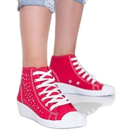 Trampki damskie - Czerwone trampki za kostkę na koturnie Bondi - Inna marka - miniaturka - grafika 1