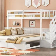 Łóżka dla dzieci i młodzieży - Łóżko piętrowe drewniane - 90x200cm + 90/180x200cm - 2 szuflady i półki - 2 stelaże - białe - miniaturka - grafika 1
