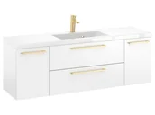 Szafki łazienkowe - Szafka Wisząca Z Umywalką RON 140 cm D - Biały Mat - Uchwyty Złote Szczotkowane - miniaturka - grafika 1