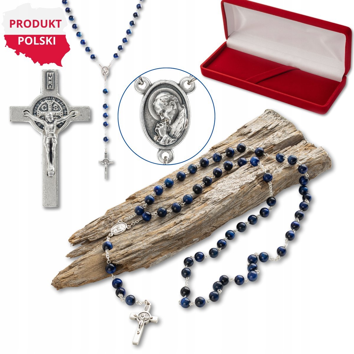 Różaniec Z Kamieni Naturalnych Tygrysie Oko Niebieskie 8mm – Ręcznie Składany W Polsce, Posrebrzane Elementy Włoskie, Krzyż Św. Benedykta, Prezent D..