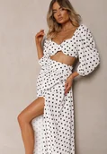 Komplety damskie - Biały 2-Częściowy Komplet w Kropki Krótki Top z Dekoltem Spódnica z Gumką w Talii Wandrea - miniaturka - grafika 1