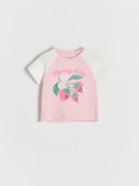 Bluzki dla niemowląt - Reserved - Bawełniany t-shirt z nadrukiem - pastelowy róż - miniaturka - grafika 1