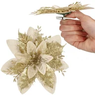 Ozdoby bożonarodzeniowe - Poinsecja sztuczny kwiat, gwiazda betlejemska kremowo-złota z brokatem - miniaturka - grafika 1