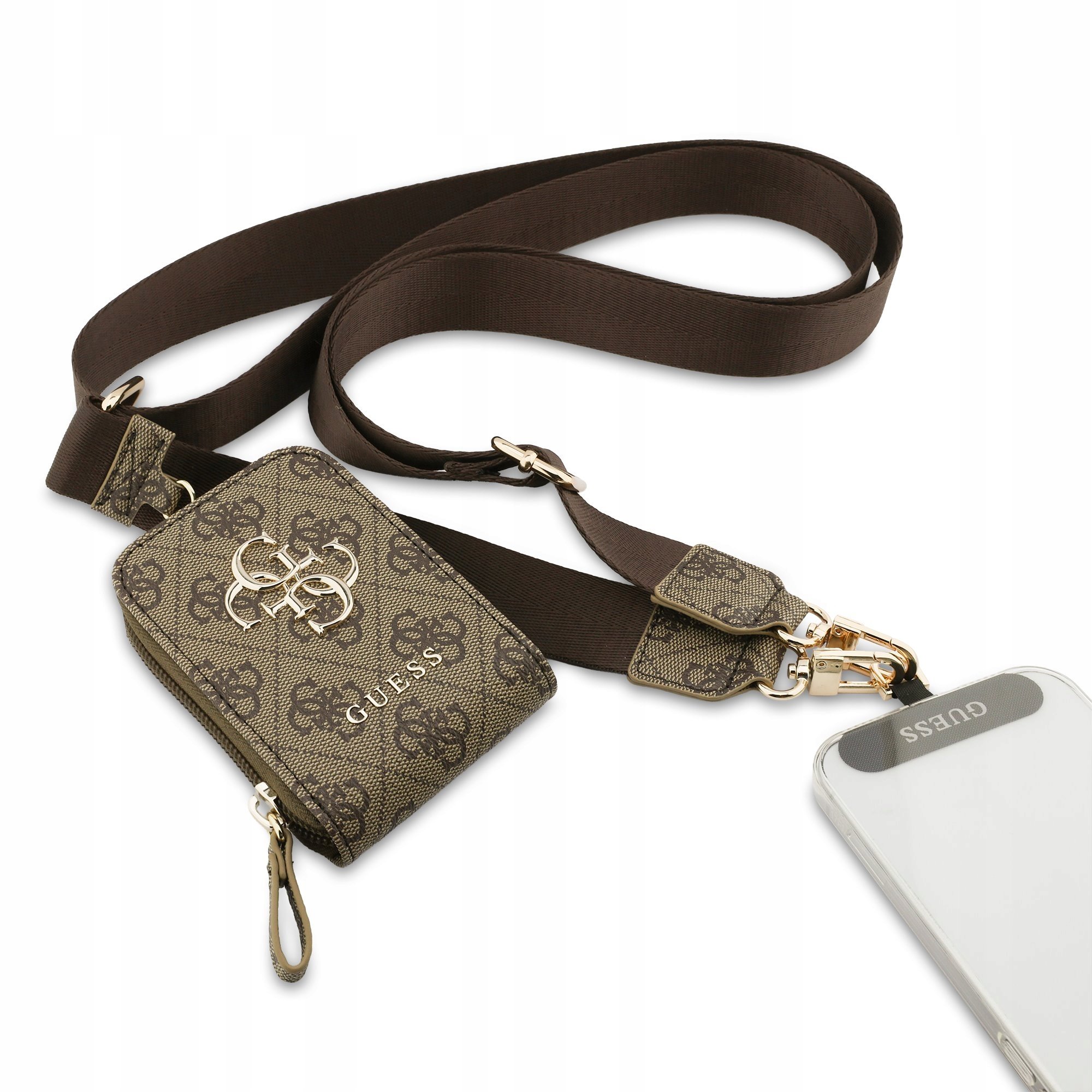 Smycz Guess do telefonu portfel 4G Metal Logo brąz uniwersalny, crossbody