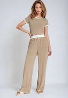 Komplety damskie - Beżowy Prążkowany Komplet T-shirt z Krótkim Rękawem Szerokie Spodnie ze Ściągaczem Vimaleen - miniaturka - grafika 1