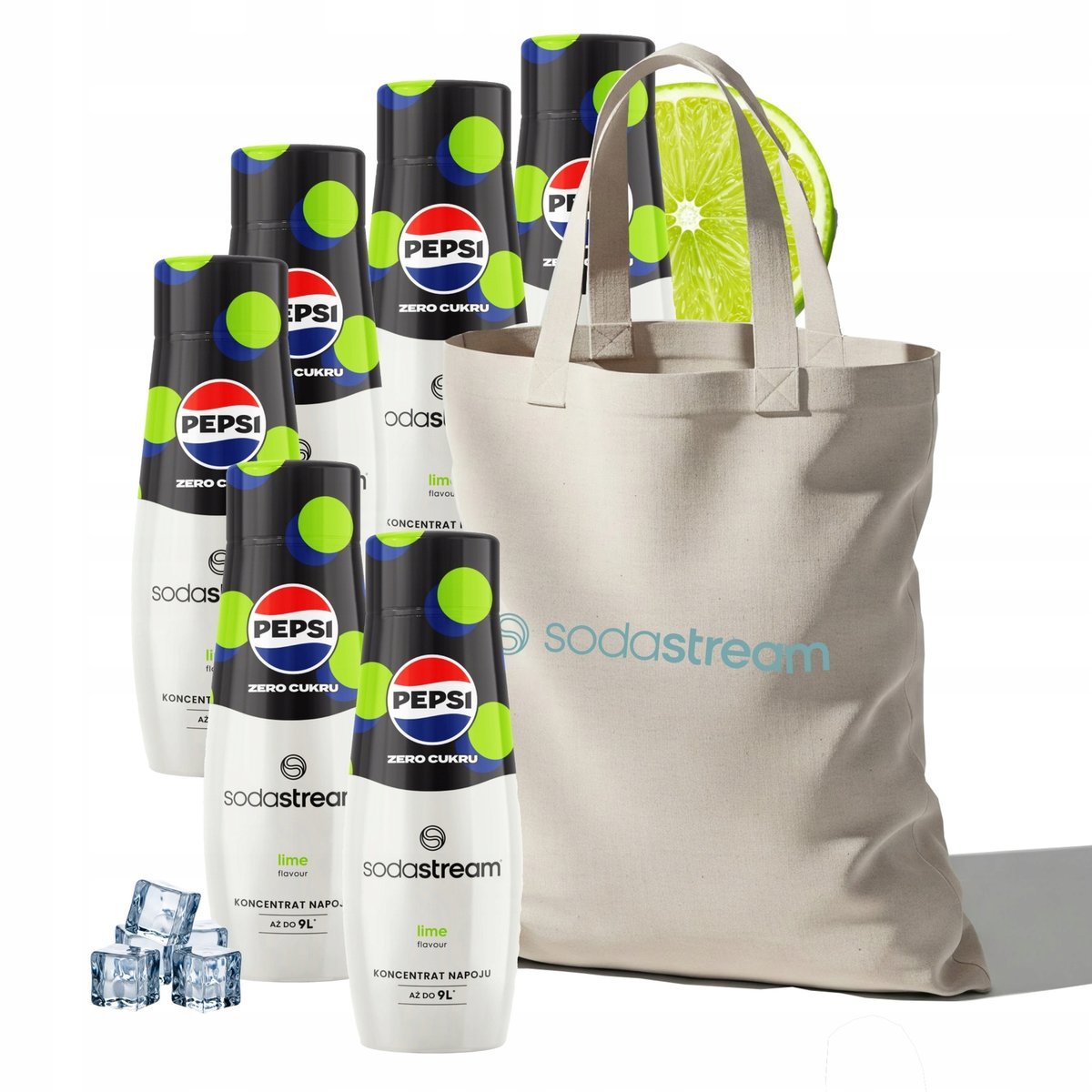 Zestaw Syrop do wody SodaStream PEPSI LIME Zero 6x440 ml + Torba