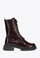 Półbuty męskie - Damskie glany z lakierowanej skóry croco bordowe - miniaturka - grafika 1