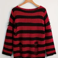 Swetry damskie - TEMU EZwear Damski Sweter w Paski Oversized - Czerwony z Poziomymi Paskami, Pulower z Długim Rękawem i Okrągłym Dekoltem, z Rozdartej Brzegi i - miniaturka - grafika 1