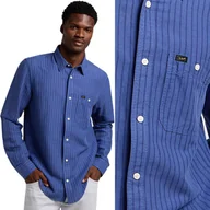 Koszule męskie - Lee LEESURE SHIRT Medieval Blue NIEBIESKA LNIANA KOSZULA W PASKI REGULAR M - miniaturka - grafika 1