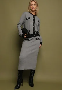 Czarno-Szary Dzianinowy Komplet z Bawełną Kardigan i Spódnica Amantta - Dresy damskie - miniaturka - grafika 1