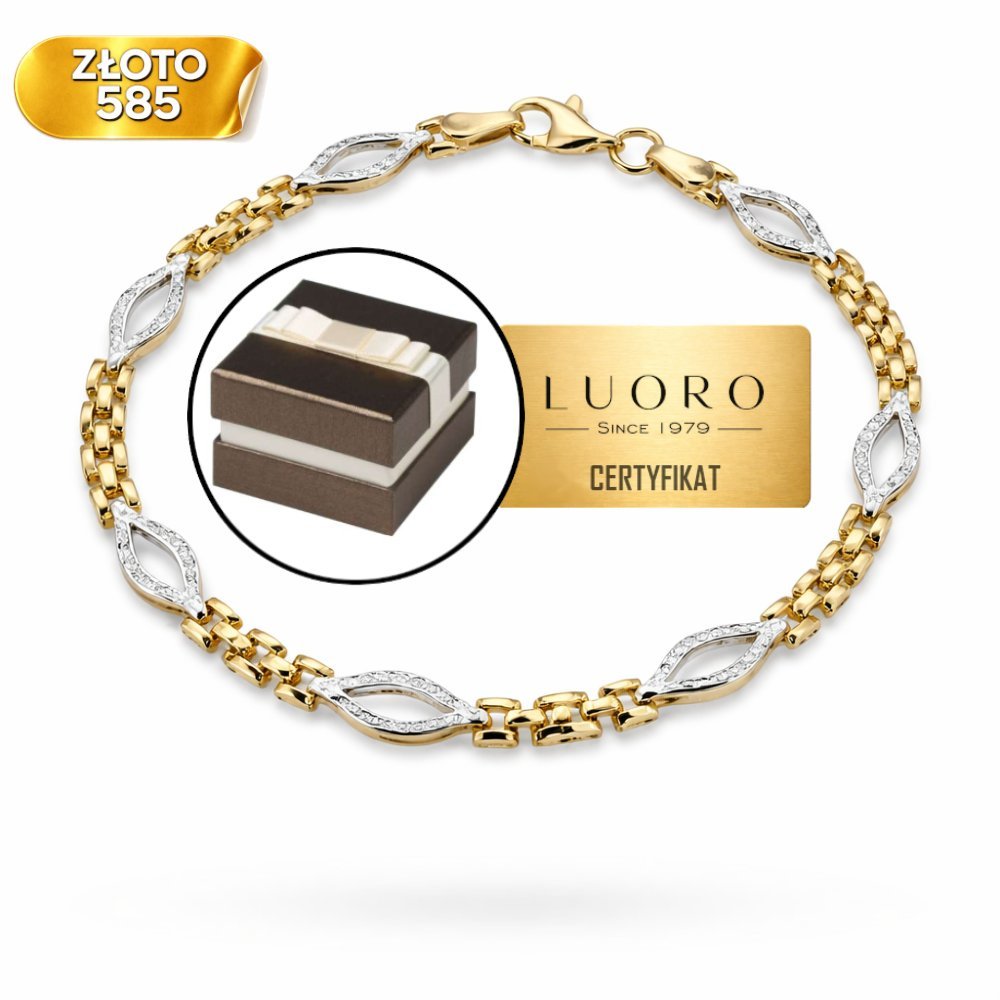 BRANSOLETKA ZŁOTA 585 14K DWUKOLOROWE LISTKI 19,5 CM ELEGANCKA CELEBRYTKA