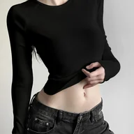 Bluzki damskie - TEMU Kobiety Seksowna Dopasowana Koszulka - Miękki Materiał "Chmura", Długi Rękaw, Krótki Top z Nadrukiem "Nie Jestem Stary, Klasycznie", Czarny, - miniaturka - grafika 1