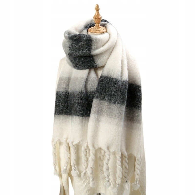 elegancki damski SZAL na zimę ciepły SZALIK miękki 200x40 białoczarny