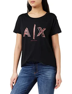 Armani Exchange Damska koszulka Boyfriend Fit, dwuwymiarowa, nadruk z logo, czarna, bardzo mała, czarny, XS - Koszulki i topy damskie - miniaturka - grafika 1