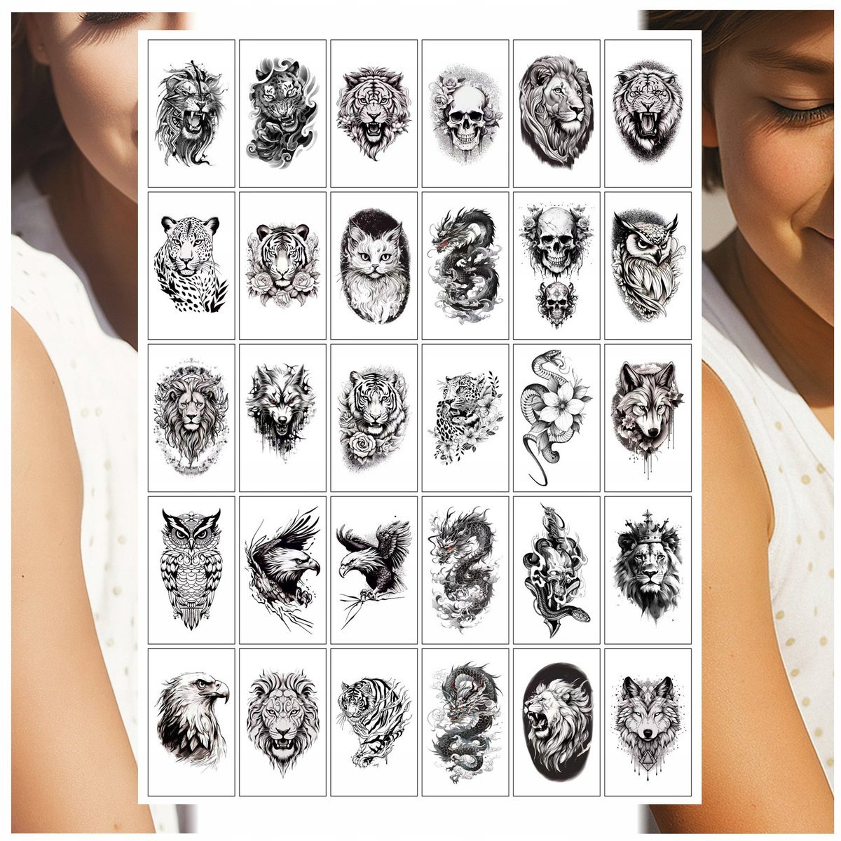 TATUAŻE ZMYWALNE DLA DZIECI ZWIERZĘTA SMOK TYGRYS SOWA MIX 30 WZORÓW
