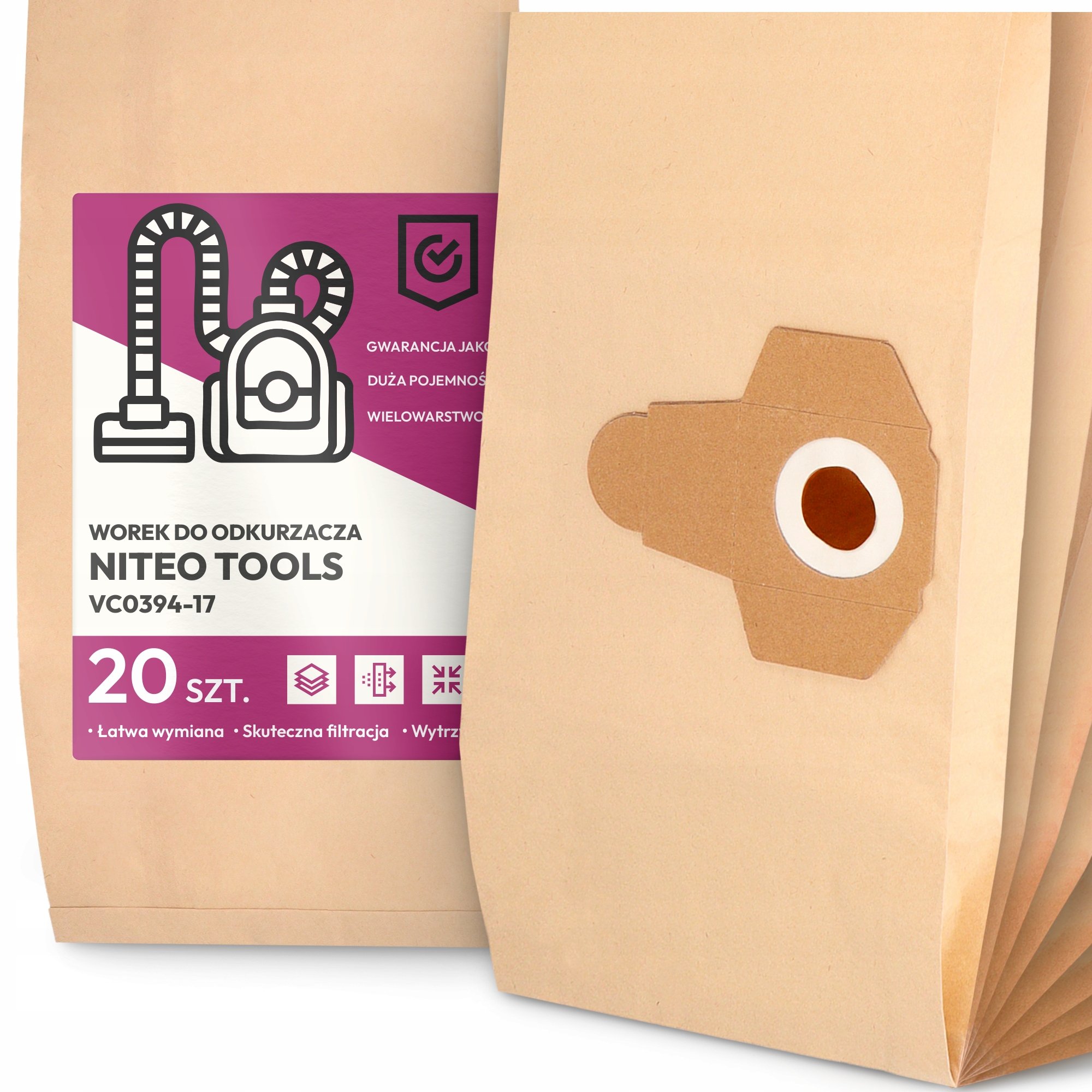 20x Worek do Odkurzacza Niteo Tools VC0394-17 Papierowy Duży Mocny Worki 2A
