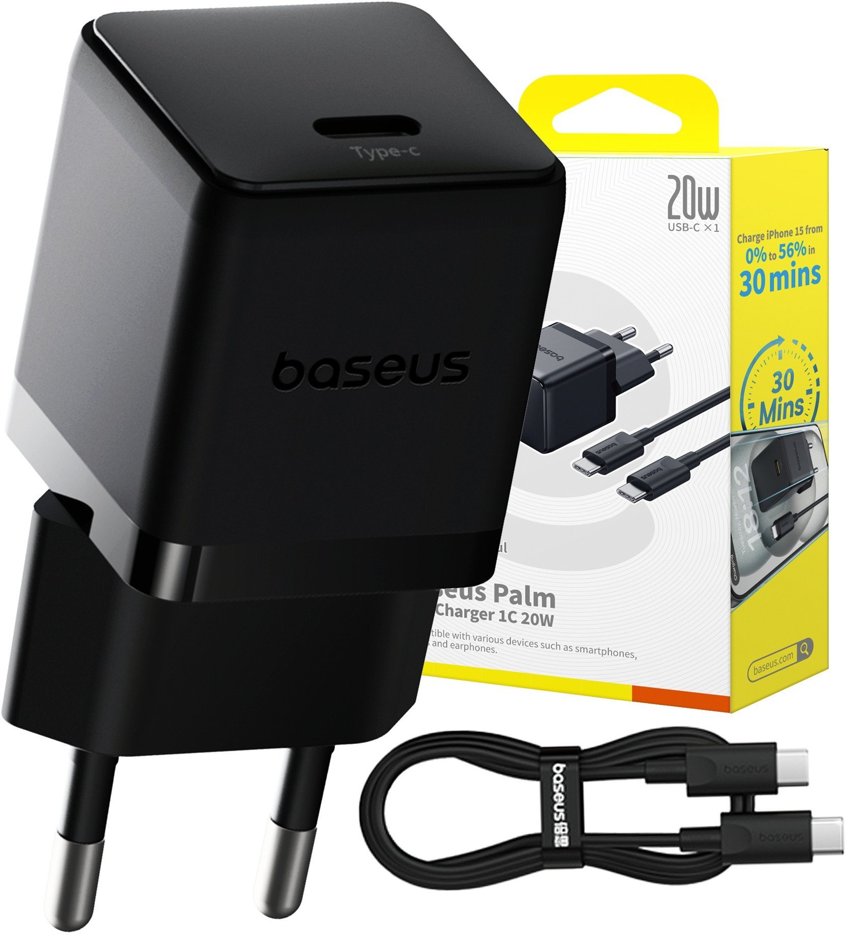 Ładowarka sieciowa Baseus Palm 1C 20W z kablem Baseus Mini White USB-C 60W 20V/3A 1m - czarna