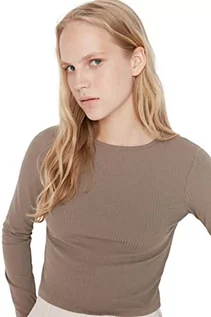 Body - Trendyol Damska damska odzież domowa dopasowana bodycon okrągły dekolt tkana bluzka koszulka, kolor norek, M, Kolor norek, M - grafika 1