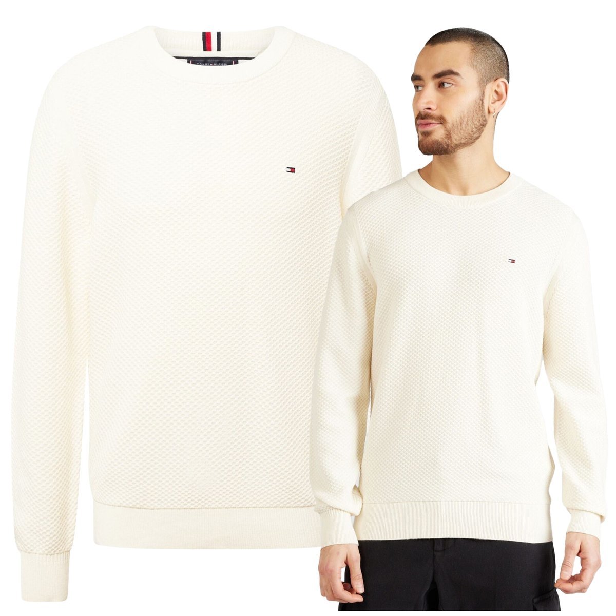 Ecru Jasny Męski Sweter Premium Basic Tommy Hilfiger Bawełna Elegancki XXL