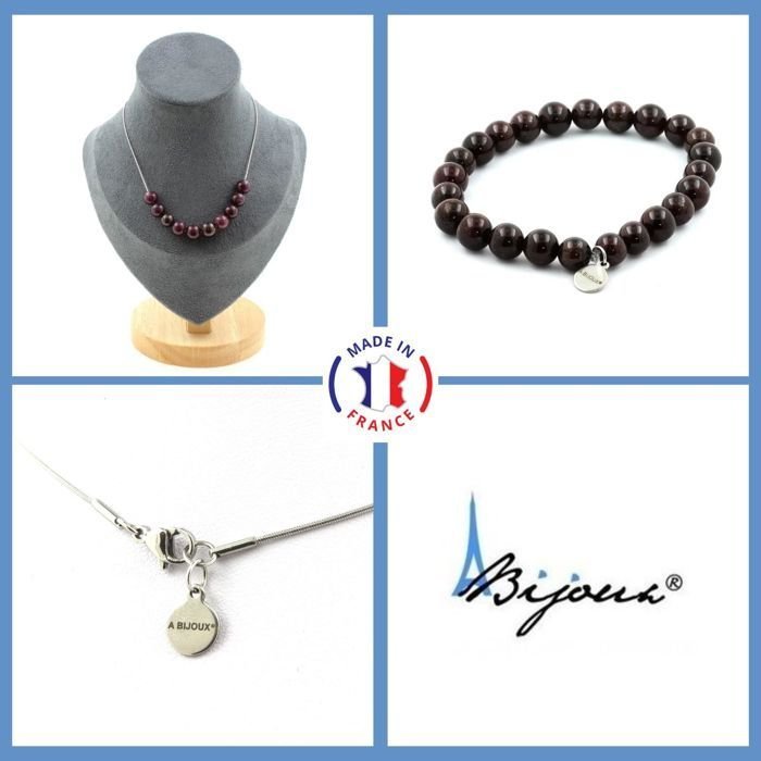 Kamienie i minerały. Komplet biżuterii Bransoletka Naszyjnik 10 Koralików Granatu 8 mm. Łańcuszek stalowy Możliwość dostosowania rozmiaru.