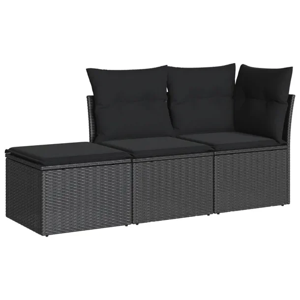 Zestaw Wypoczynkowy z Rattanu PE, Czarny, Sofa 179x62x69 cm, Podnóżek 55x