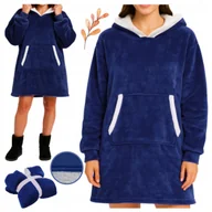 Bluzy damskie - Kocobluza Oversize z Kapturem XXL Gruby Koc Bluza Długa Futrzana Granatowa - miniaturka - grafika 1