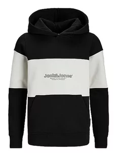 JACK&JONES JUNIOR Chłopięca bluza z kapturem Jorlakewood Block Sweat Hood Bf Jnr, Czarny/szczegóły: jj Print/Blocking, 152 - Bluzy dla chłopców - miniaturka - grafika 1