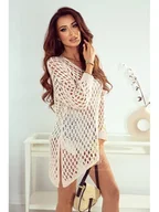 Swetry damskie - ASYMETRYCZNA NARZUTKA AŻUROWA EVA POLSKI PRODUCENT J&K PREMIUM - BEŻOWA - miniaturka - grafika 1