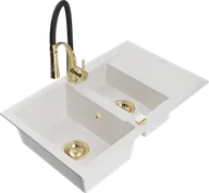 Zlewozmywaki z baterią - Mexen Gaspar zlewozmywak granitowy 1,5-komorowy z ociekaczem i baterią kuchenną Aster, biały - 6507-20-73450-57-G - miniaturka - grafika 1