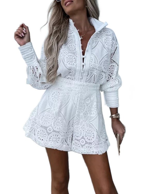 Kombinezon Biały Kornonkowy Letni Zestaw Koszula Spodenki Elagancki [L]