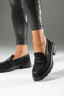 Mokasyny damskie - Czarne mokasyny damskie na bieżnikowanej platformie z cyrkoniami Casu JW24X4-B - miniaturka - grafika 1