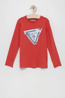 Bluzki dla chłopców - Guess longsleeve bawełniany dziecięcy kolor czerwony z nadrukiem - grafika 1