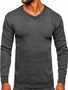 Swetry męskie - Antracytowy sweter męski w serek basic Denley S8530 - miniaturka - grafika 1